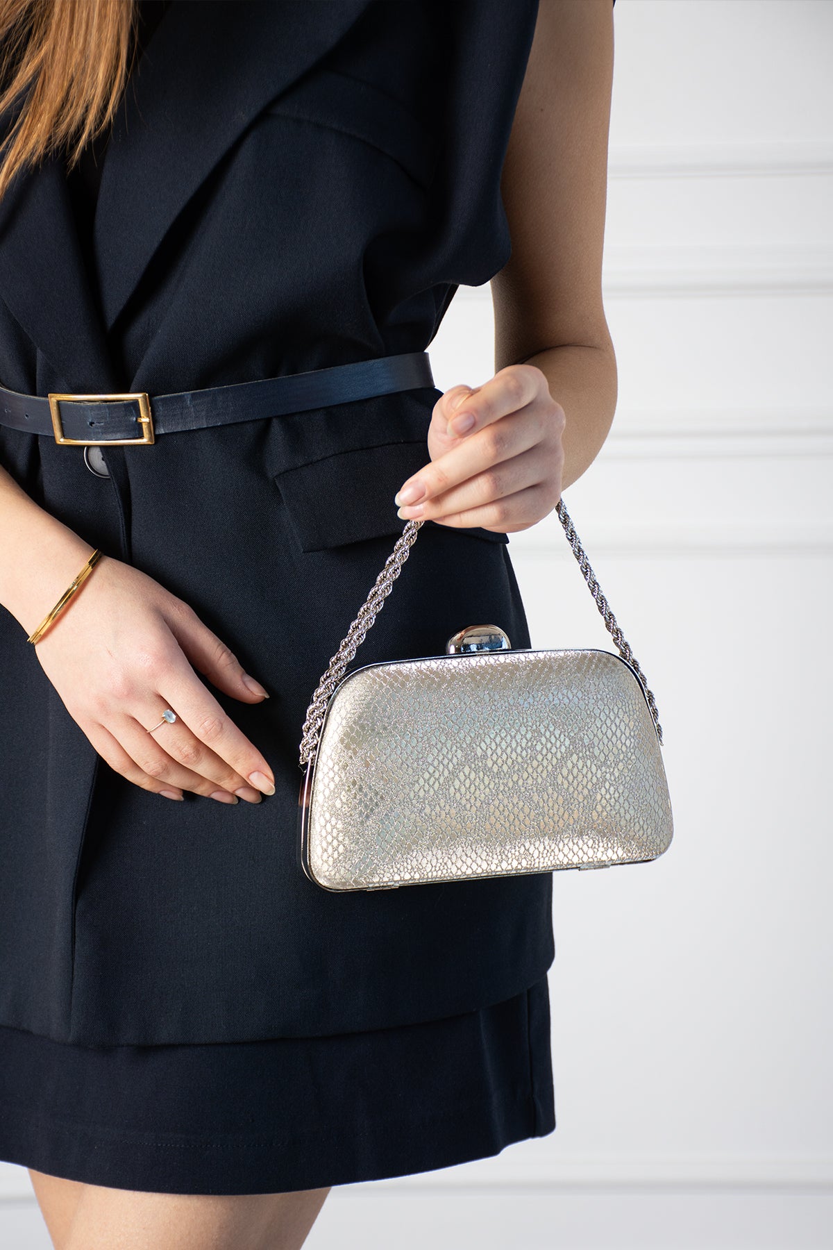 Gold Yılan Desenli Abiye Çanta - Işıltılı Portföy Clutch Gece Çantası - Zincirli Düğün, Nişan ve Davet El Çantası