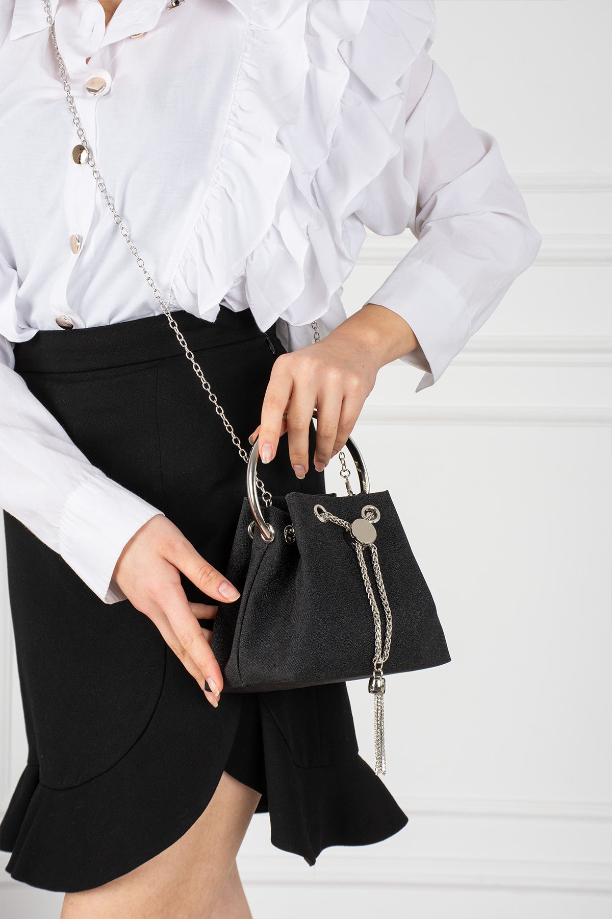 Ekru Saten Bohça Abiye Çanta - Taşlı Gelin El Çantası - Gold Metal Saplı Nikah ve Düğün Bohçası - Zincirli Portföy Clutch