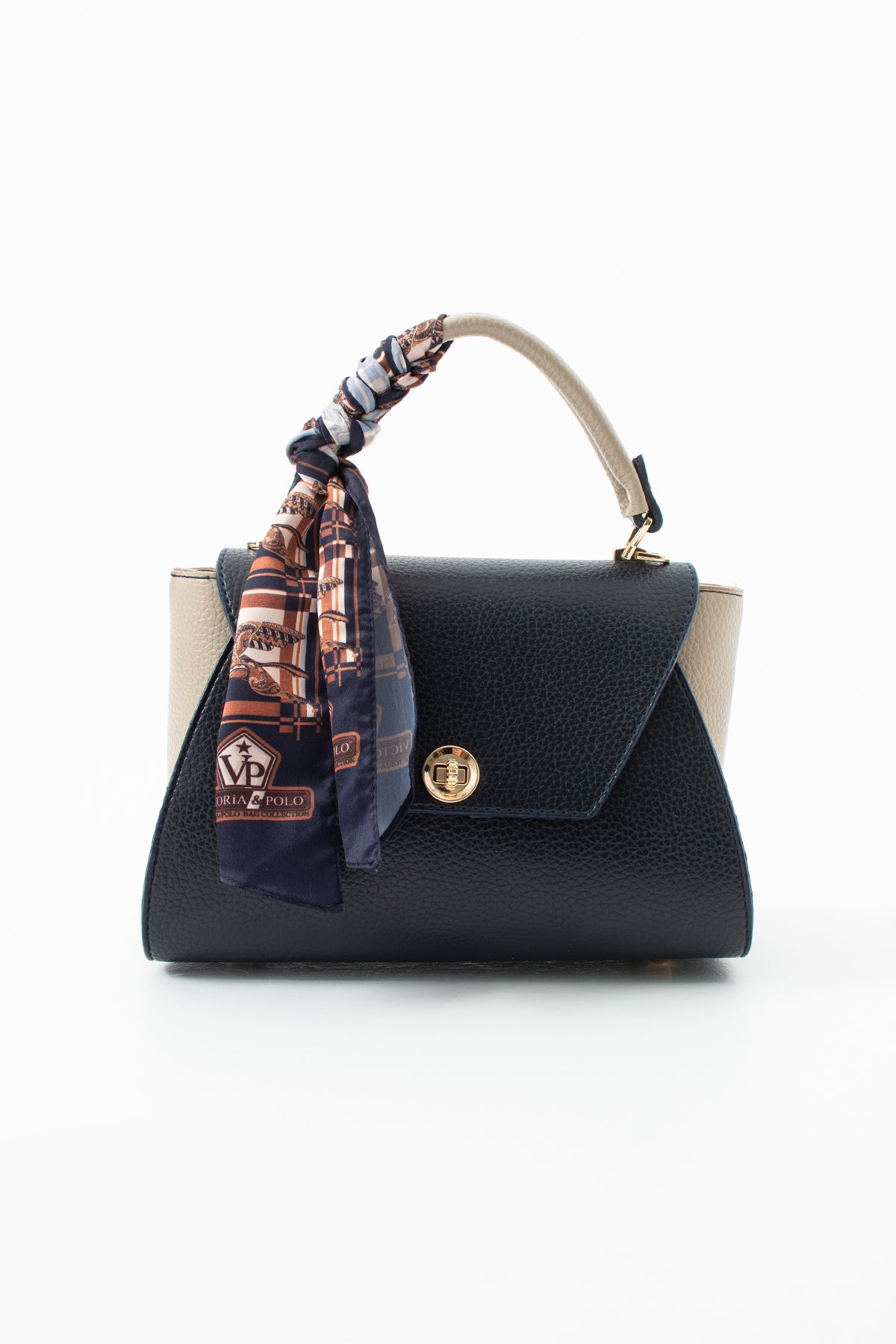 Fularlı Kadın El ve Omuz Çantası - Lacivert Bej İki Renkli Deri Çanta - Askılı Günlük ve Şık Kol Çantası - Klasik Kilitli Mini Bag