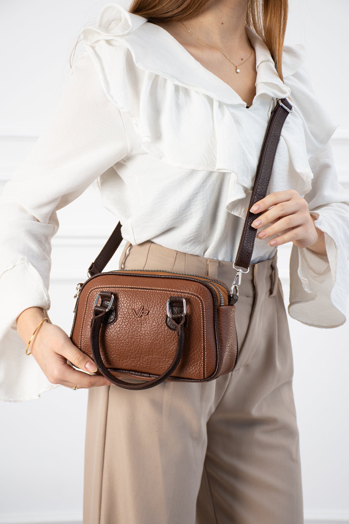 Kadın Mini El ve Omuz Çantası - Taba Kahve İki Renkli Deri Çanta - Askılı Günlük ve Şık Kol Çantası - İki Bölmeli Fonksiyonel Mini Bag