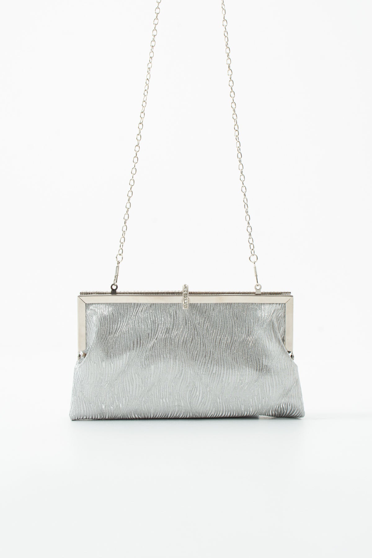 Gümüş Gri Abiye Çanta - Taşlı Kilitli Silver Portföy Clutch - Zincirli Düğün, Nişan ve Gece El Çantası