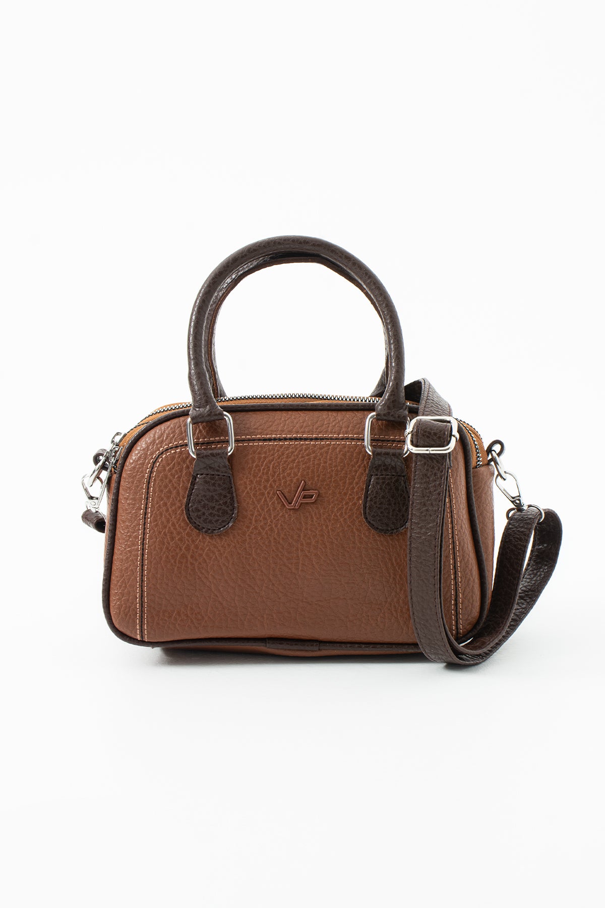 Kadın Mini El ve Omuz Çantası - Taba Kahve İki Renkli Deri Çanta - Askılı Günlük ve Şık Kol Çantası - İki Bölmeli Fonksiyonel Mini Bag